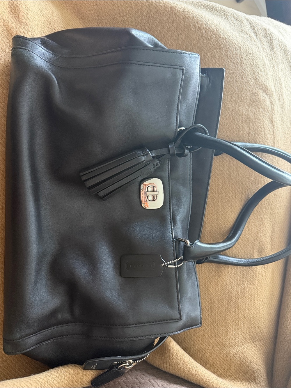 Classic Black Leather Chelsea Tote Bag with Tassel Detail